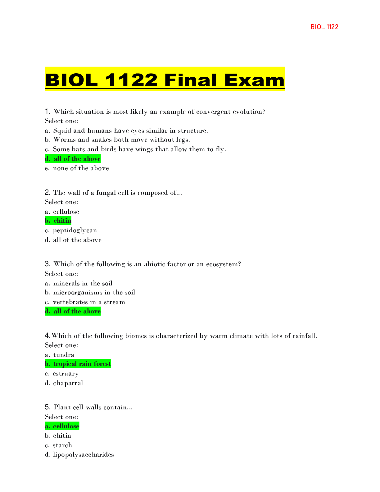Preview image for BIOL 1122 FINAL EXAM WITH COMPLETE SOLUTION